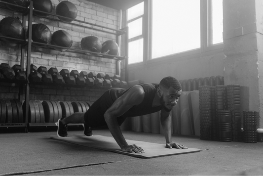 Black and White image with a man doing push ups in the gym